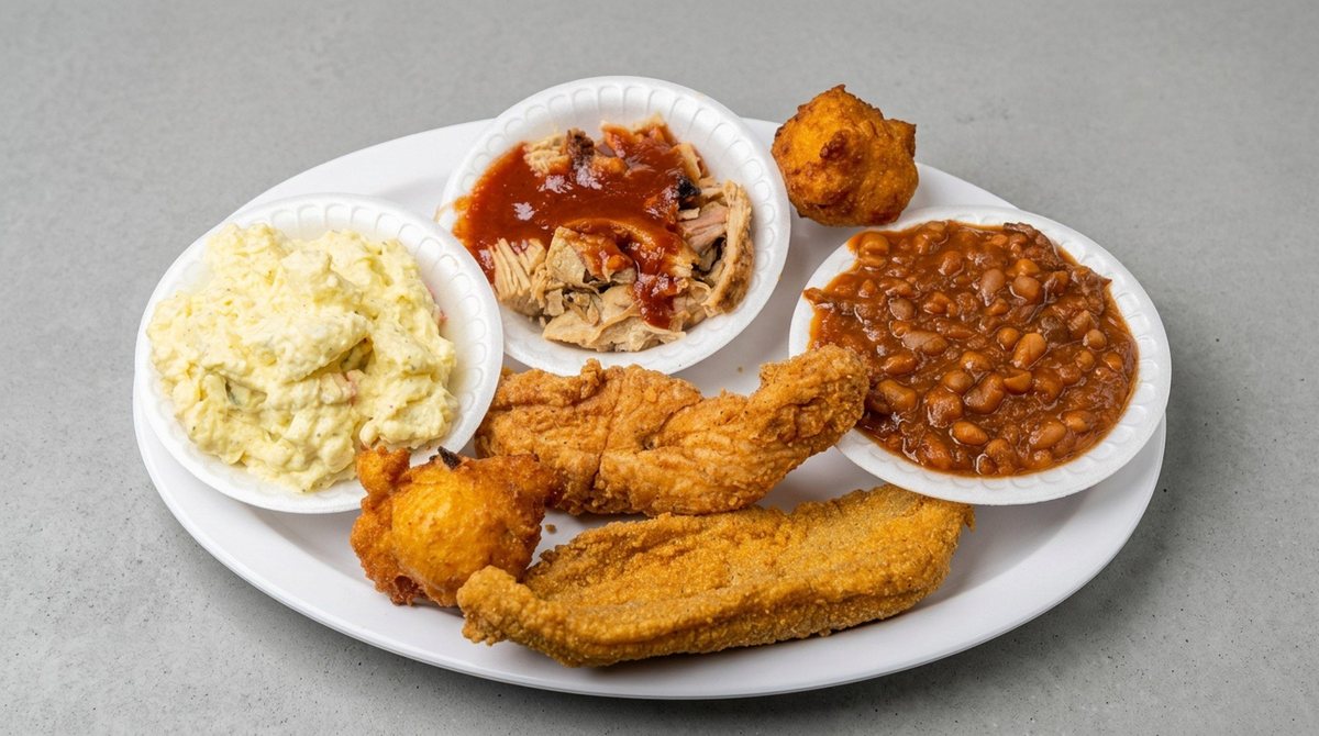 Sampler platter with BBQ pork, fried catfish, hushpuppies, potato salad and BBQ beans at Betty's Bar-B-Q in Anniston, AL