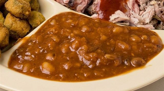 BBQ beans served alongside BBQ pork and fried okra at Betty's Bar-B-Q in Anniston, AL