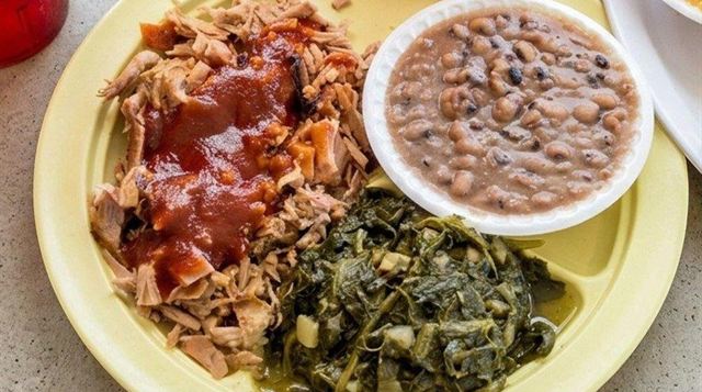 BBQ pork plate with black-eyed peas and turnip greens at Betty's Bar-B-Q in Anniston, AL