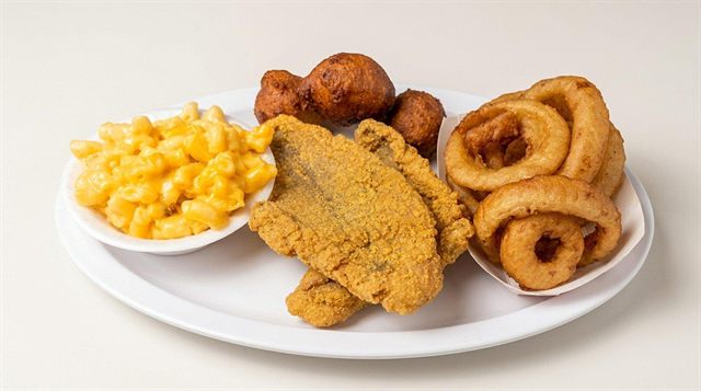 Catfish fillet with hushpuppies, fried onion rings, and mac and cheese at Betty's Bar-B-Q in Anniston, AL
