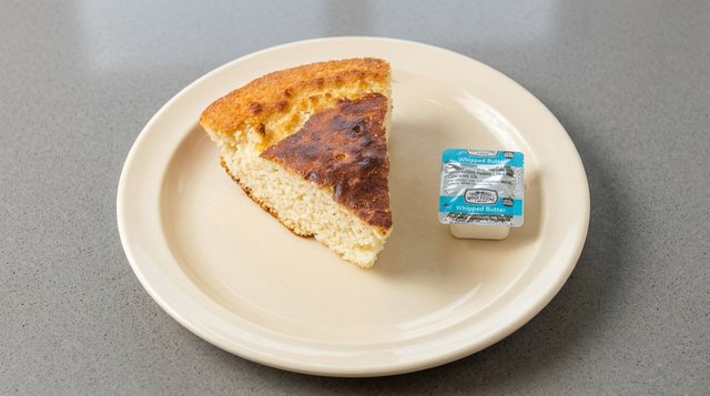 Wedge of cornbread served with butter at Betty's Bar-B-Q in Anniston, AL