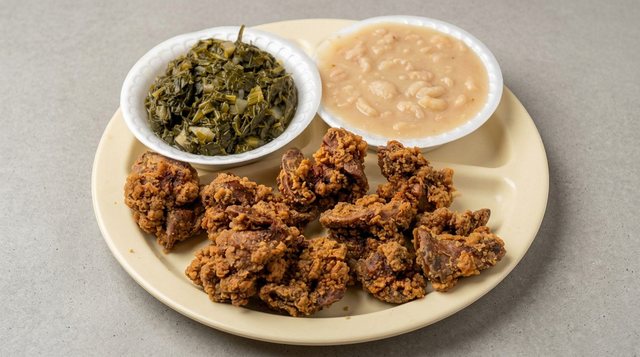 Fried chicken livers with turnip greens and white beans at Betty's Bar-B-Q in Anniston, AL