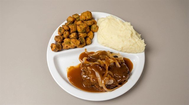Hamburger steak with fried okra and mashed potatoes at Betty's Bar-B-Q in Anniston, AL