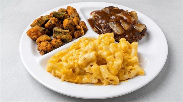 Macaroni and cheese with fried okra and hamburger steak at Betty's Bar-B-Q in Anniston, AL