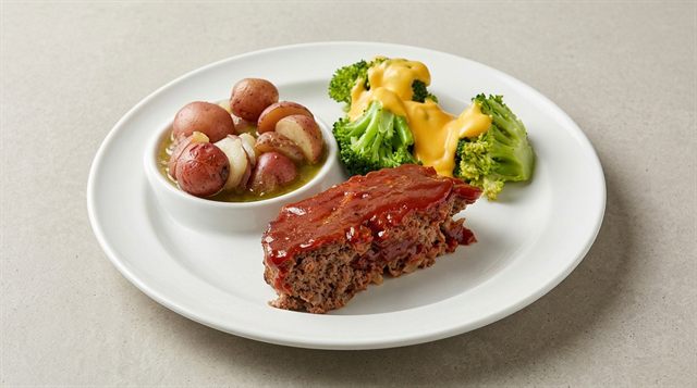 Meatloaf with stewed potatoes and broccoli and cheese from Betty's Bar-B-Q in Anniston, AL