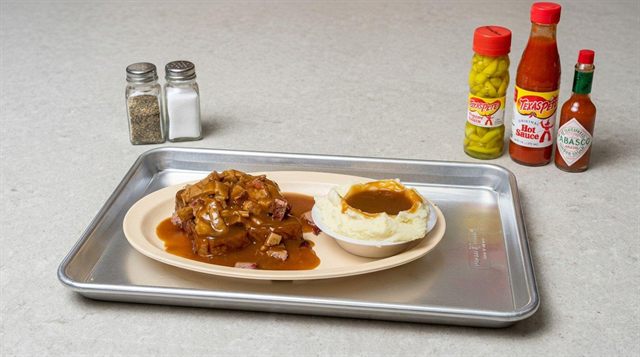 Open-faced roast beef sandwich with mashed potatoes at Betty's Bar-B-Q in Anniston, AL