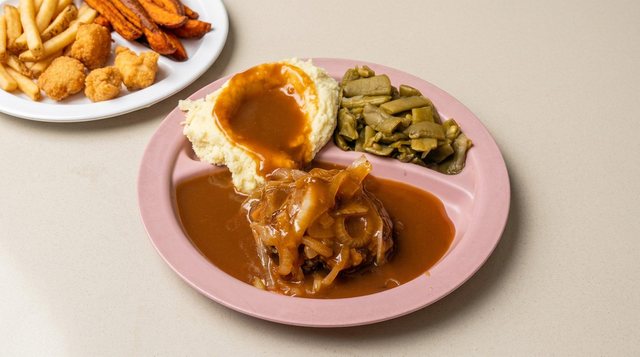 Small hamburger steak plate with gravy and onions, mashed potatoes and green beans at Betty's Bar-B-Q in Anniston, AL
