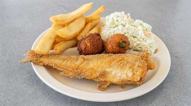 Whole catfish with fries and coleslaw at Betty's Bar-B-Q in Anniston, AL
